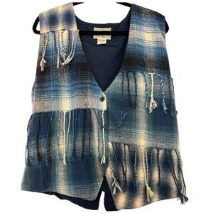 ROSETTES vest, size M, brushed cotton, blue plaid and rope dangles. Buttons.
